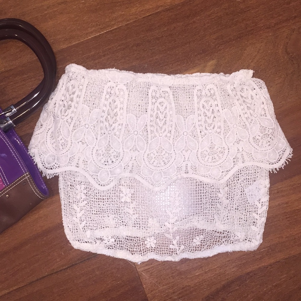 Crochet strapless crop beige coverup or top